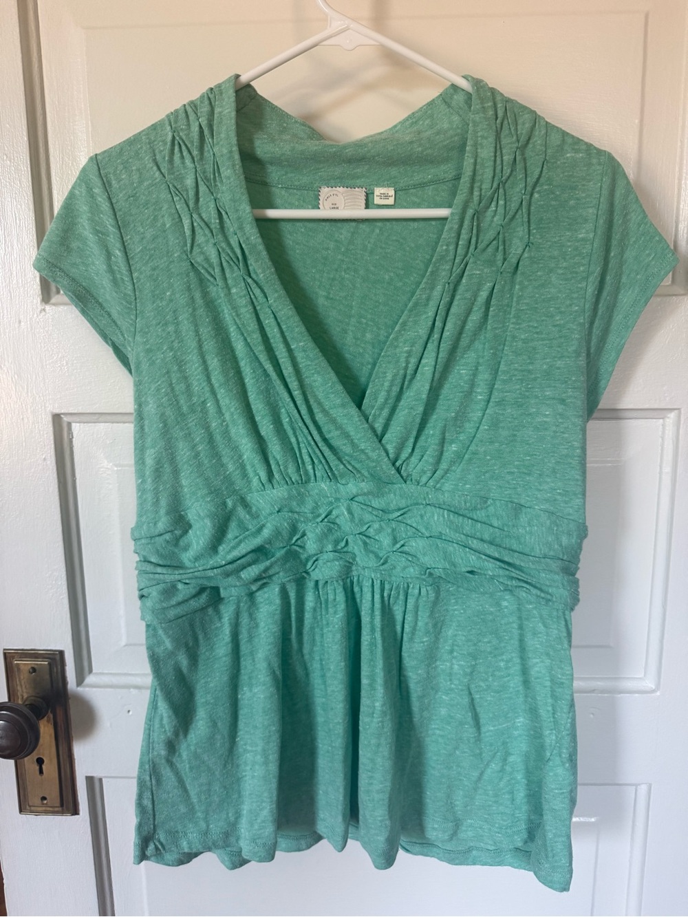 Anthropologie Mint Green Short Sleeve V-Neck Top size Large
